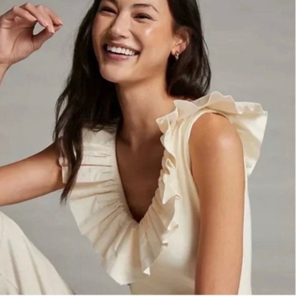 Anthropologie MaEve 100% Cotton Ivory Tina V Neck Ruffled Trim Tank XS